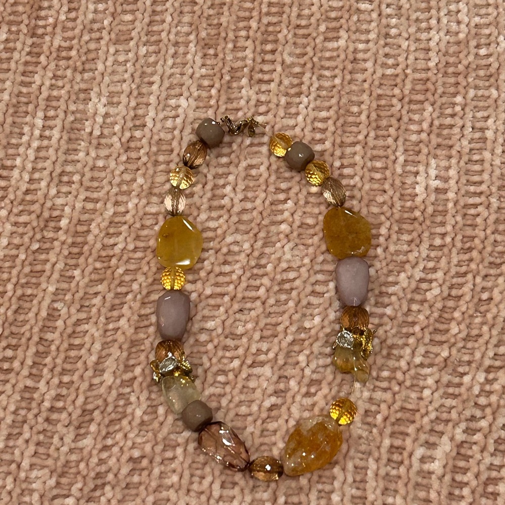 Yellow and Brown Beaded Necklace with Metal Accents